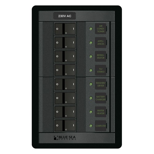 Blue Sea 360 AC Circuit Breaker Panel Branch 8 Position 1 Blue Sea 360 AC Circuit Breaker Panel