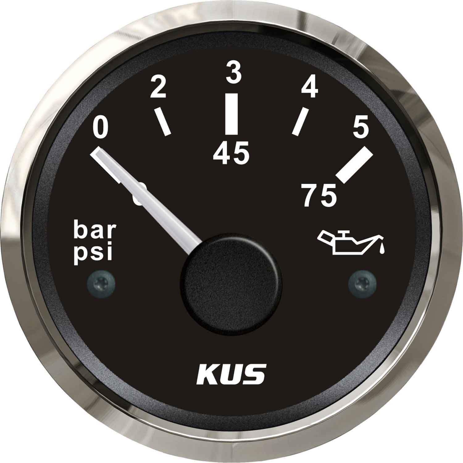 KUS Oil Pressure Gauge 5 Bar (Stainless Bezel / Black Dial) 1 KUS Oil Pressure Gauge 5 Bar